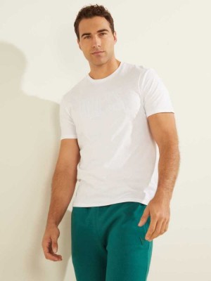 White Guess Velvet Applique Men's T-Shirts | 3489-MPOIA