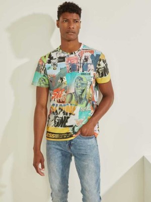 White Multicolor Guess Collage Poster Men's T-Shirts | 5179-RKJWQ