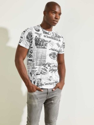 White Multicolor Guess Eco Resort Collage Men's T-Shirts | 6098-HPXYU