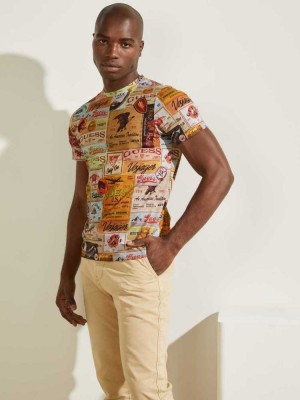 White Multicolor Guess Eco Vintage Poster Men's T-Shirts | 3109-BJDYX