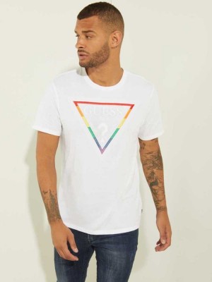 White Multicolor Guess Embroidered Rainbow Logo Men's T-Shirts | 4269-UFHCQ