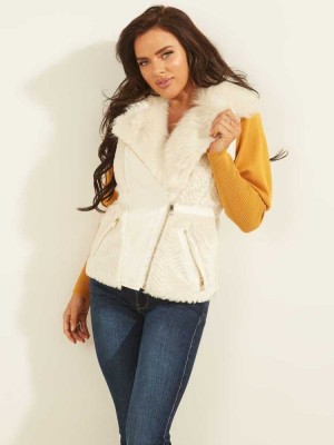 White Multicolor Guess Faux-Fur Moto Women's Vest | 6739-QZUWJ