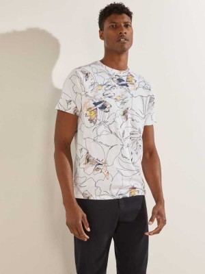 White Multicolor Guess Floral Outline Men's T-Shirts | 9107-PDCSG