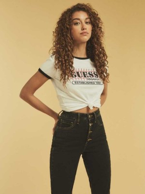White Multicolor Guess Originals Ringer Women's T-Shirts | 9215-HFPCN