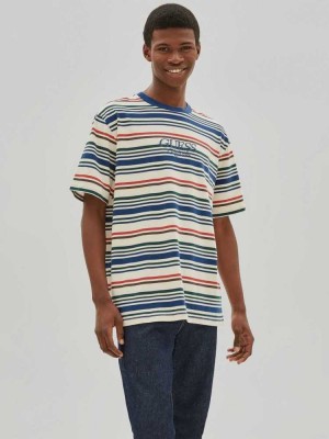 White Multicolor Guess Originals Striped Men's T-Shirts | 8967-TAFKH