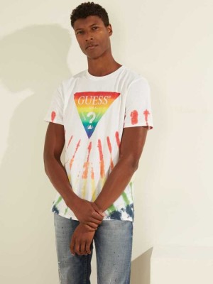 White Multicolor Guess Rainbow Logo Tie-Dye Men's T-Shirts | 7356-WCQET