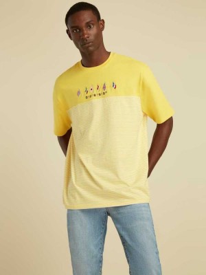 Yellow Guess Striped Summer Games Men's T-Shirts | 4326-ONFHX