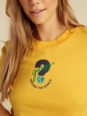 Yellow Guess Summer Games Crop Women's T-Shirts | 2571-IPBJM