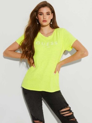 Yellow Multicolor Guess Eco 1981 Rolled Cuff Logo Women's T-Shirts | 4058-HFRST