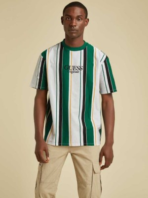 Yellow Multicolor Guess Originals Striped Men's T-Shirts | 6845-BFMXA